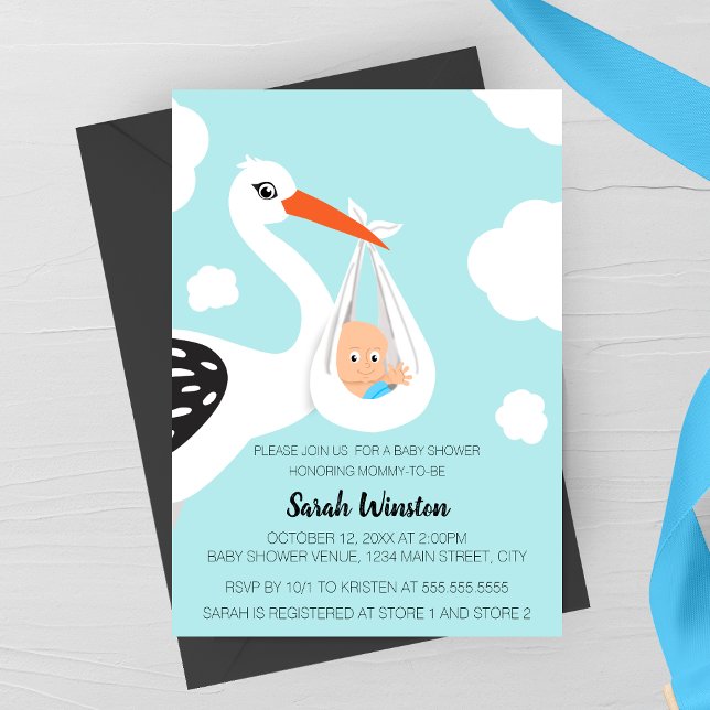 Söt Stork Babyfirande Inbjudan (Cute Modern Stork Baby Shower Invitation for Boys)