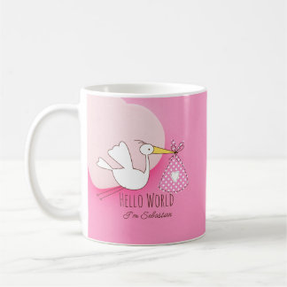 Söt stork Babypojke Hello World Sebastian Rosa Mug Kaffemugg