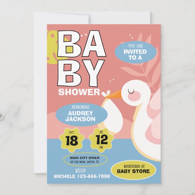 Söt Stork Bebis Shower Inbjudningar (Framsida)