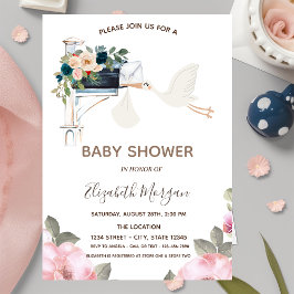 Söt Stork Brevlåda Blommor Bebis Shower Inbjudningar