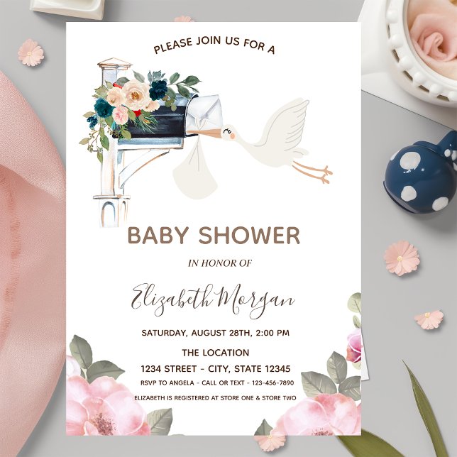 Söt Stork Brevlåda Blommor Bebis Shower Inbjudningar (Skapare uppladdad)