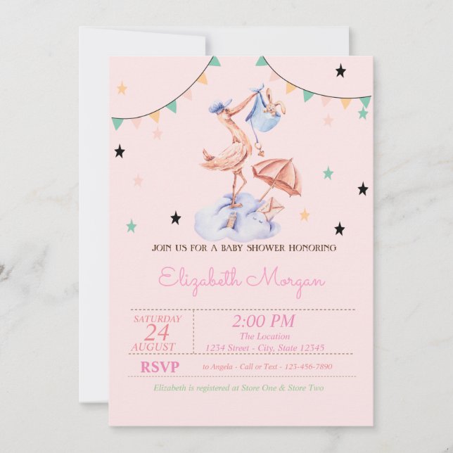 Söt stork liten kanin baby shower  inbjudningar (Framsida)