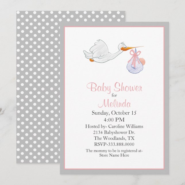 Söt Stork med Baby Baby Shower-inbjudan Inbjudningar (Fram/baksida)