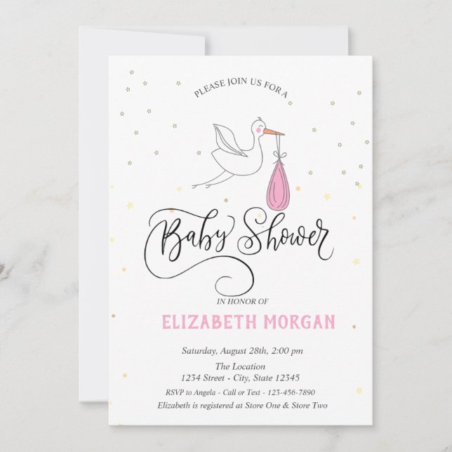 Söt stork stjärnor baby shower   inbjudningar (Framsida)
