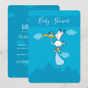 Söt Stork tecknad-inbjudan till Boy Baby Shower Inbjudningar