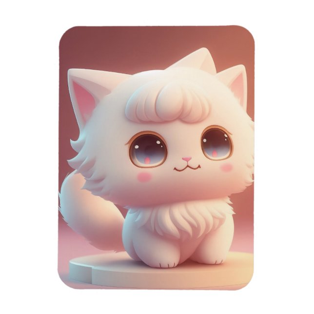 Söt storögd fluffig vit katt magnet (Vertikal)