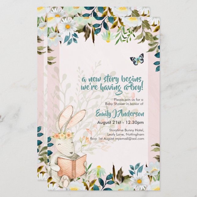 Söt Storytime Kanin baby shower könsreveleinbjudan (Fram/baksida)