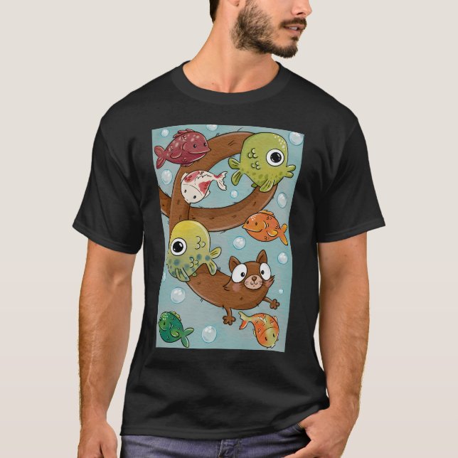 Söt sträckbar katt som simmar med fiskar t shirt (Framsida)