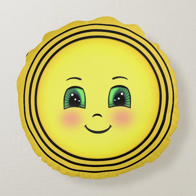 Söt strålande sol glad ansikte Emoji Rund Kudde (Baksidan)