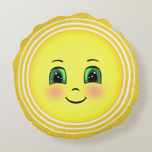 Söt strålande sol glad ansikte Emoji Rund Kudde