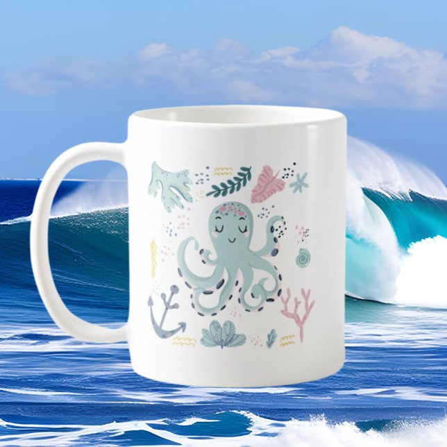 Söt strand, bläckfisk, lägg till monogram kaffemugg (Skapare uppladdad)