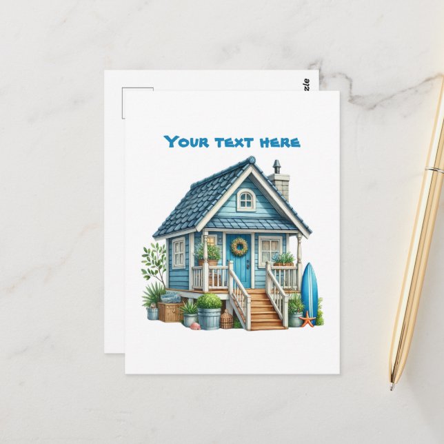 Söt strand lägg till text strandhus vykort (Fram/Back In Situ)