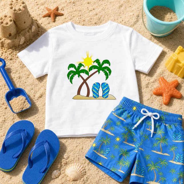 Söt strand med palmer bebis t shirt (This mockup is a digital representation created using generative AI tools to showcase the design)