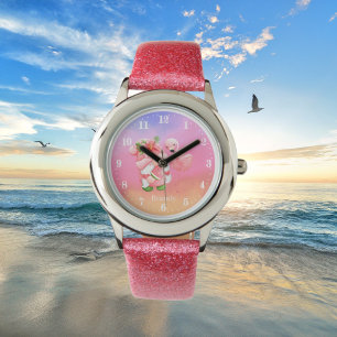 Söt strandgnom rosa flamingo lägg till namn-barn armbandsur