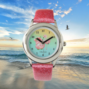Söt strandgnom rosa flamingo lägg till namn-barn armbandsur