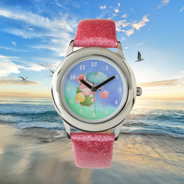 Söt strandgnom rosa flamingo lägg till namn-barn armbandsur (Skapare uppladdad)