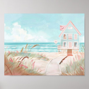 Söt strandscenery illustration av vattenfärg stil poster