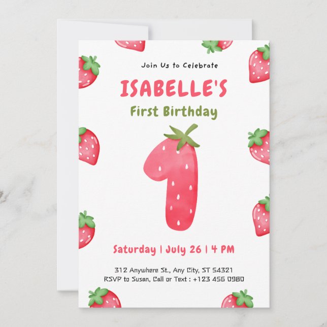 Söt Strawberry Berry 1-års födelsedagsinbjudan Inbjudningar (Framsida)