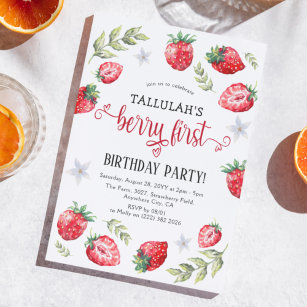 Söt Strawberry 'Berry First'   Första födelsedag Inbjudningar