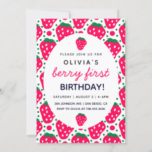 Söt Strawberry Flicka Jordgubbe 1-års Födelsedagsf Inbjudningar