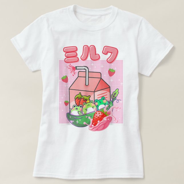 Söt Strawberry Milk Groda Konst T Shirt (Design framsida)