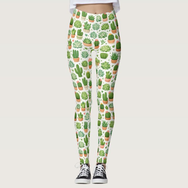 Söt suckulent växt sömlös mönster leggings (Framsida)