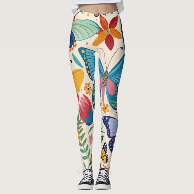 Söt Summer Butterflies and Flowers Mönster Leggings (Framsida)