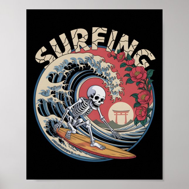 Söt Surfande Tsunami Skelett Dia De Los Muertos D Poster (Framsidan)