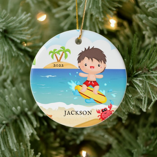 Söt Surfarpojke Personlig Jul Julgransprydnad Keramik (Träd)