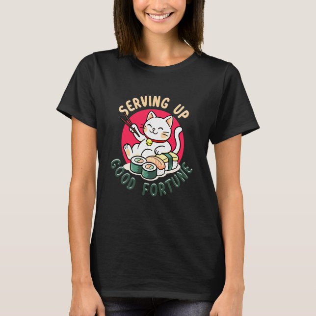 Söt Sushi Maneki Neko Katt Serverar Lycka T Shirt (Framsida)