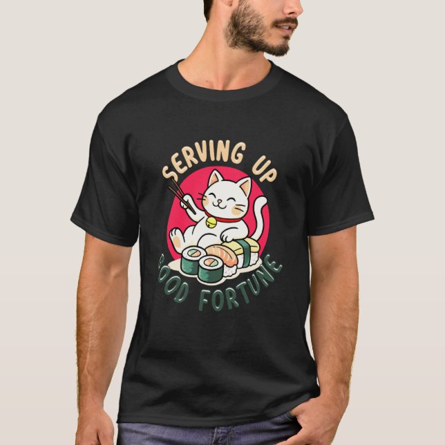 Söt Sushi Maneki Neko Katt Serverar Lycka T Shirt (Framsida)