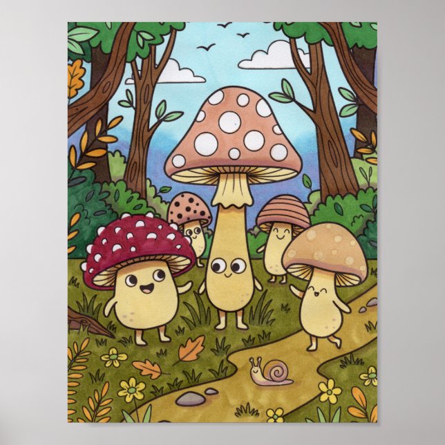 Söt svamp skogsväxthus toadstool fantasifull  poster (Framsidan)
