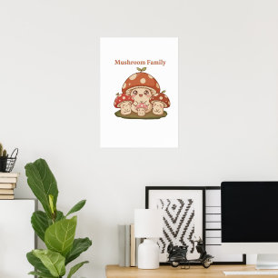 Söt Svampfamilj Retro Kawaii Skogs Svamp Konst Poster