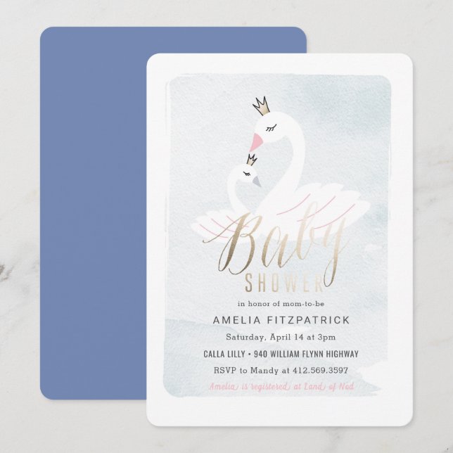 Söt Svan Baby Shower-inbjudan med olja Inbjudningar (Fram/baksida)