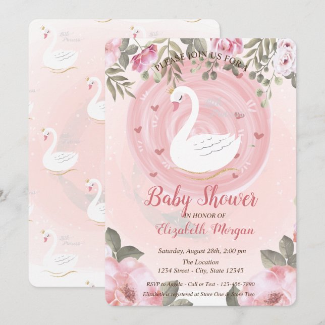 Söt svan, Blommig baby shower inbjudan (Fram/baksida)