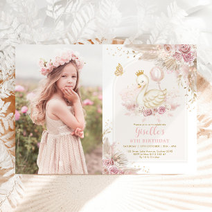 Söt Svan Princess Boho Rosa Blommigt Birthday Inbjudningar