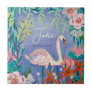 Söt svanfågel elegant blå & rosa baby shower kakelplatta