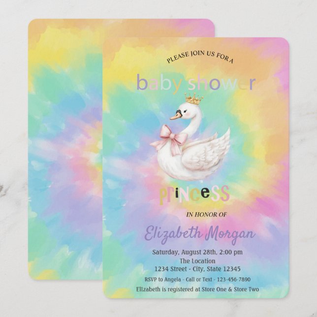 Söt svankrona tie-dye baby shower  inbjudningar (Fram/baksida)