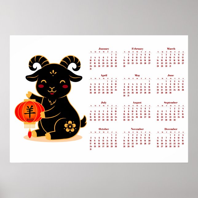 Söt svart år för getens kalender 2027 poster (Framsidan)