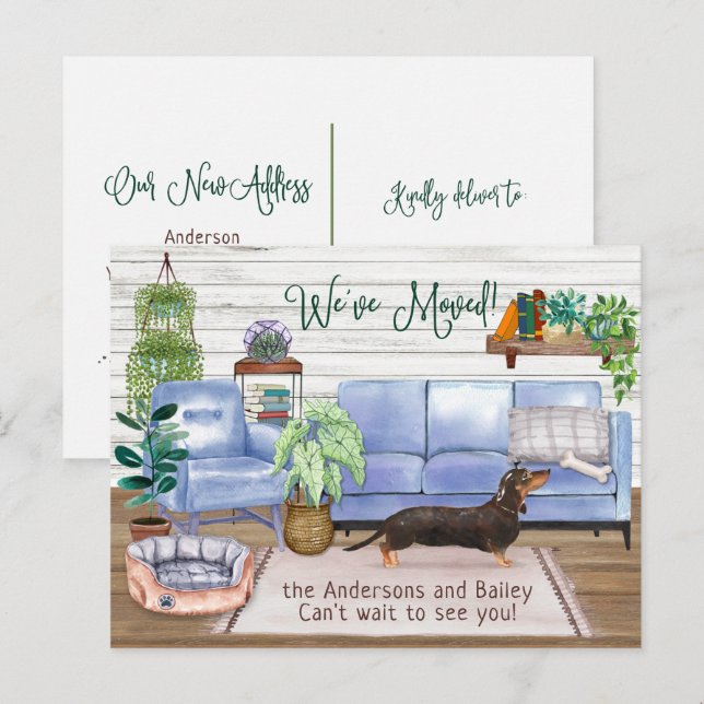 Söt svart dachshund mysig ny hem inflyttning meddelande vykort (Fram/baksida)