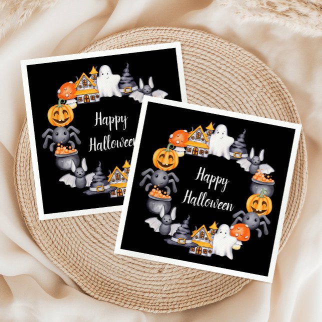 Söt Svart Glad Halloween-illustration Party Pappersservett (Cute Black Happy Halloween Illustration Party Napkins)