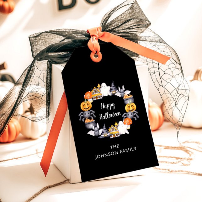 Söt svart glad halloween-illustration presentetikett (Cute Black Happy Halloween Illustration Gift Tags)