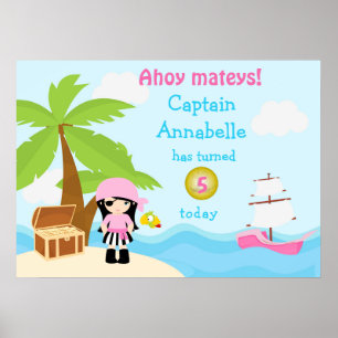Söt Svart Hår Piratflicka Rosa Födelsedagsaffisch Poster