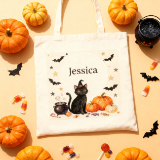 Söt Svart Häxa Katt Halloween Bus eller Behandla B Tygkasse