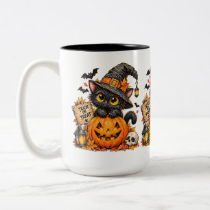 Söt Svart Häxa Katt på Pumpkin Halloween Bus eller Två-Tonad Mugg