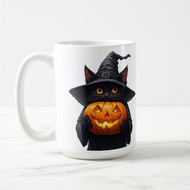 Söt svart häxkatthållande glödande pumpa 🎃 kaffemugg (Vänster)