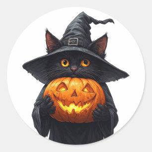 Söt svart häxkatthållande glödande pumpa 🎃 runt klistermärke