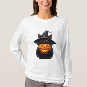 Söt svart häxkatthållande glödande pumpa 🎃 t shirt