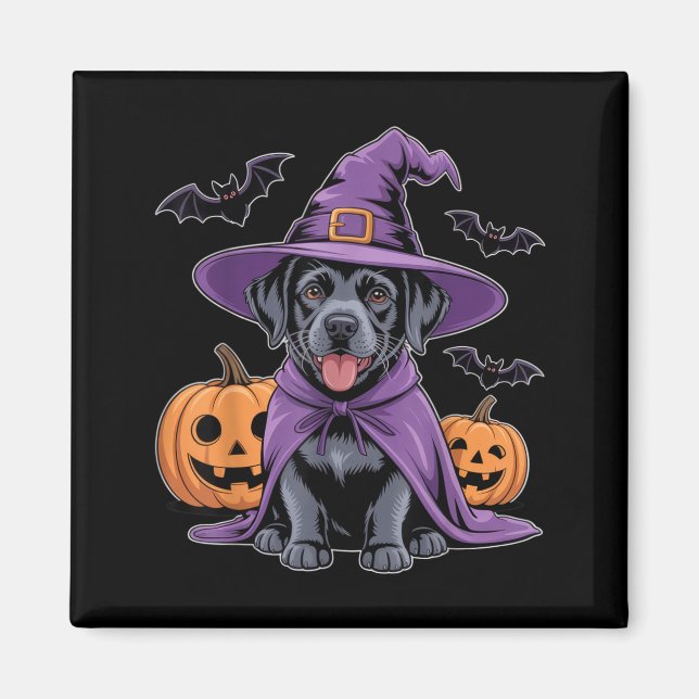 Söt svart hund häxa Halloween pumpor och fladdermö Magnet (Framsidan)
