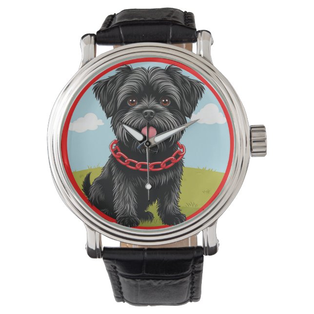 Söt svart hund med röd halsband i serieformat armbandsur (Framsida)